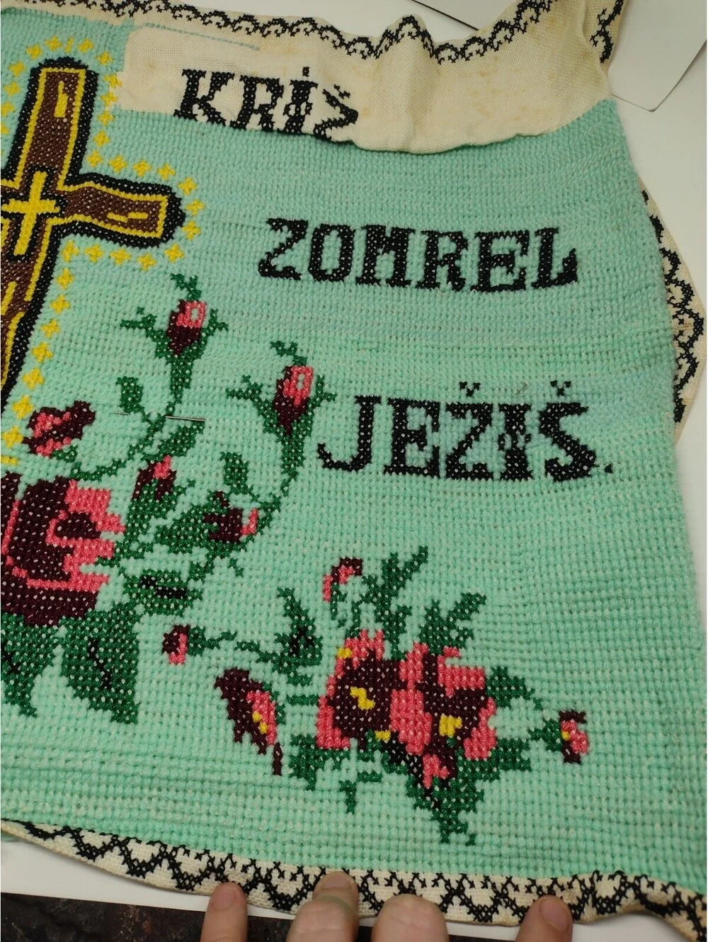 Vintage 40s Slovak Christian Needlepoint Holy Cross Jesus Roses Folk Art Textile